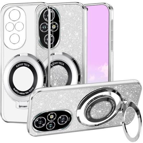 Kainevy Cover per Honor 200 Pro Trasparente Magnetica con Anello Supporto Compatibile con MagSafe, Sottile Silicone Custodia per Honor 200 Pro Glitter 2 in 1 Copertura Separabile Rosa (Argento)