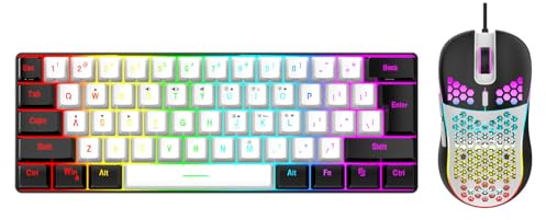 60% Gaming Keyboard and Mouse Combo, LED RGB Backlit Compact Keyboard and Mouse, 61 Keys Ergonomic Keyboard for Gaming, Business Office (White Center Black Frame)