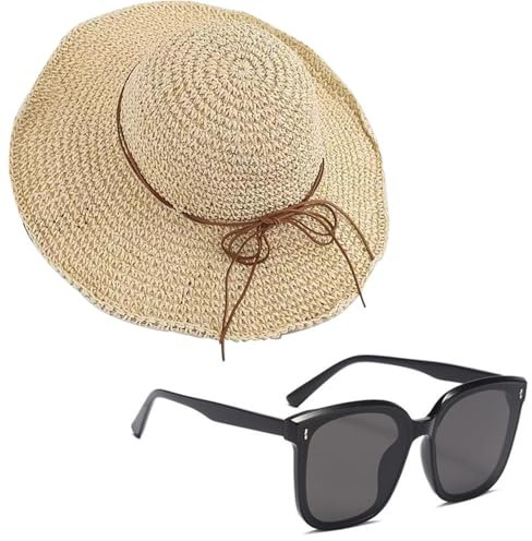 EHDWXVZM Damen Sommerhut & Sonnenbrille, Strohhut & UV-Schutz, Beige, Unisex, Klassischer Schnitt, Modisch, Faltbar, Atmungsaktiv, Sonnenschutz, Sommer