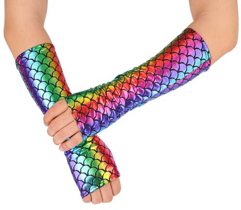 Mikovivi Meerjungfrau-Handschuhe, 29,5 cm Lange Fischschuppen-Handschuhe Glitzernde Meerjungfrau-Armstulpe Fingerlose Handschuhe für Frauen lange Rave-Handschuhe für Cosplay (Regenbogenfarben)