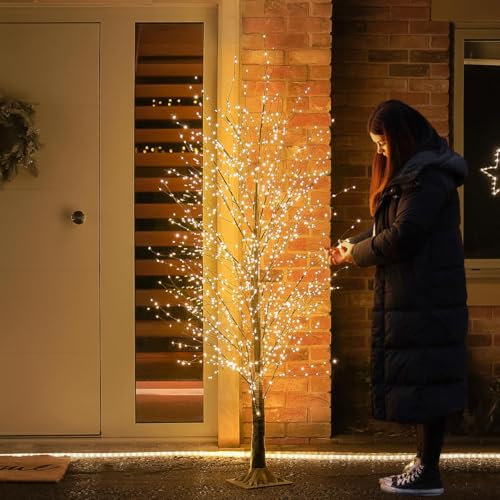 Festive Lights - 6ft 1.8m Pre-Lit Black Dewdrop Mains Powered Plug In Microdot Christmas Twig Tree - 1,300 Warm White LEDs With Bendable Twigs - Indoor Outdoor Seasonal Decor Lighting