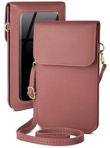 moex Handytasche zum Umhängen für iPhone 16 Pro kleine Handtasche mit Handyfach und Sichtfenster, 2 extra Fächer Mini PU Leder Handy Umhängetasche Damen CitySling, Rosa