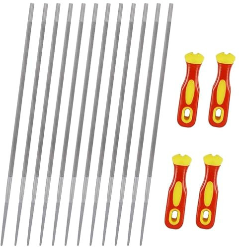 Wjelet Rundfeilen für Kettensäge Feilenset-12 Stück Kettensägenfeile mit 4 Griff, 4 mm Kettensägenfeile Kompatibel mit 3/8 Sägeketten, Schärfwerkzeuge zum Instandsetzen und Schärfen