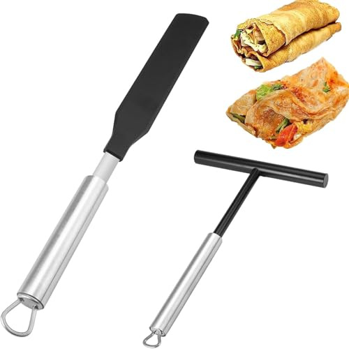 2 Stücke Crepes Verteiler, Edelstahl Crepes Wender, Crepes Verteiler und Spatel, Teigverteiler für Crepes, Pfannkuchenwender, für KüChe Backen Kochen Backwerkzeuge, Spachtel+ Teigverteiler