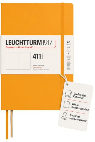 LEUCHTTURM1917 372924 Notebook 411 Medium (A5), Hardcover, 411 Numbered Pages, Rising Sun, Plain, More Thoughts, More Ideas, More Memories, More Pages | 411 numbered pages, 160 additional pages, acid free paper, 80 g/m², Rising Sun, for frequent writers