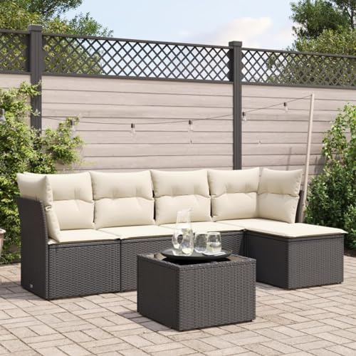 IKAYAA 6-TLG Rattan Gartenmöbel Set, Balkon Lounge, Outdoor Loungemöbel Rattan Sitzlounge Ecklounge Ecksofa Gartensofa Balkonsofa Schwarz und Creme Type-52