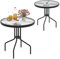 KOMFOTTEU Mesa de Jardín de Vidrio Templado, Mesa de Comedor con Agujero para Sombrilla de 4 cm, Mesita Lateral Redonda con Marco de Metal, para Balcón, Terreza, Diámetro 70 cm