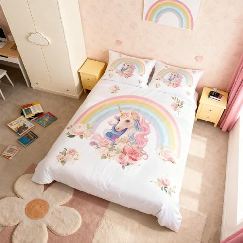 Homemissing Nettes Einhorn Bettwäsche Set 135x200cm Mädchen Träumiges Pferd Betten für Kinder Regenbogen Blumen Einhorn Bettbezug Zimmer Dekor Bettwäsche-Set Weich