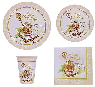 TLDSHOP® - DECORAZIONI per FESTA - Cresima - Comunione - Matrimonio - STOVIGLIE in Carta Monouso con Piatti, Piattini, Tovaglioli, Bicchieri (quantità in descrizione) - Kit: (Santa Cresima da 132pz)