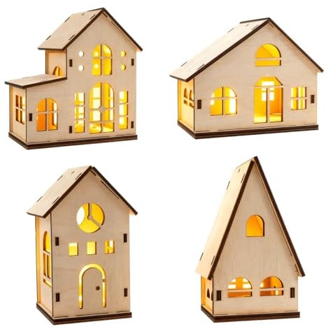 Aitsite LED Holz Weihnachtshaus, Miniatur Haus Deko, Weihnachtsdeko Holz Haus mit LED Leucht Beleuchtet Tischdeko, Adventsdeko Dekorationen für Weihnachten DIY Holzhütte Ornamente für Weihnachtsbaum