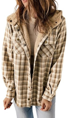 YCBMINGCAN Veste chemise à carreaux pour femme doublée avec capuche | Veste d'hiver chaude avec doublure en peluche | Chemisier à manches longues en flanelle de style bûcheron | Veste mi-saison pour