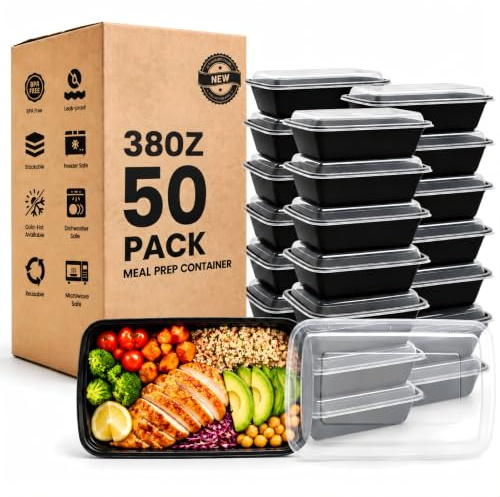 Eco Maicoco 38oz 50 Pack Reusable Meal Prep Containers, Leakproof Food Containers with Lids BPA Free, Microwave/Freezer/Dishwasher Safe to Go Containers