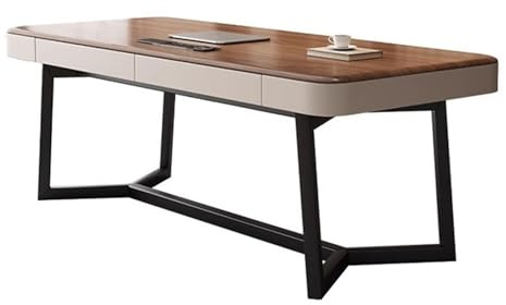 ZENGXJYCQINGJIANG Gaming Desk Home Office Desk with Black Metal Base, Modern Workstations Writing Table with 2 Drawers and Charging Station, Walnut Color(S)