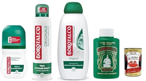Italian Gourmet bundle für Borotalco Original 4er Pflege-Set Deo Roll-on, Deospray, Duschgel & Körperpuder, Geschenkbox für ihn & sie + Italian Gourmet Polpa