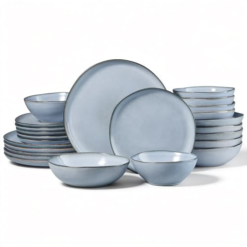 Onader 24 Piece Reactive Glaze Dinner Set for 6 People, Misty Blue | Porcelain Dinner Sets, Irregular Round Stoneware Dinnerware Service for 6, Plates and Bowls, Dishwasher & Microwave Safe