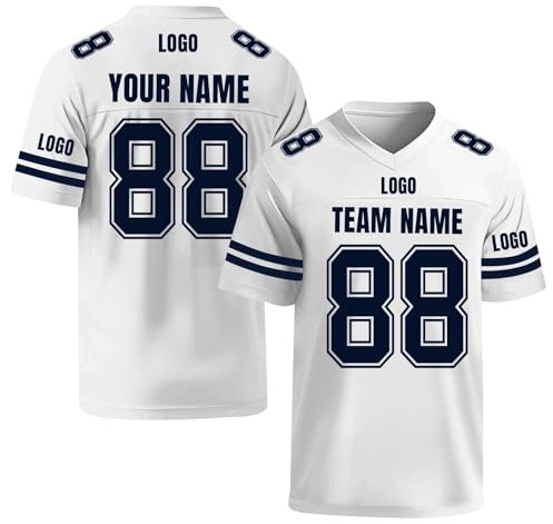 Personalisiertes American Football Trikot für Kinder & Erwachsene, Bedruckt mit Name, Nummer & Logo, Herren Sport-T-Shirt weiß