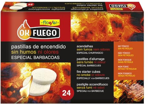 Flower - Pastillas de Encendido OKFuego 24 Unidades | Barbacoa Limpia sin Humo ni Olores | No Tóxicas Sin Parafina | Multicolor