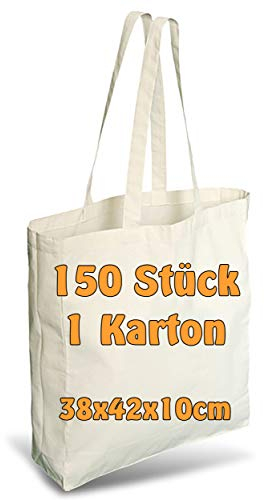 Cottonbagjoe 25 Baumwolltaschen 38x42x10 cm mit langen Henkeln – natur – mit Boden- und Seitenfalte – OEKO-TEX® STANDARD 100 zertifiziert (25, Beige)