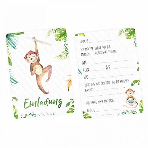 nikima Schönes für Kinder - 10 Einladungskarten Affe Dschungel Grün inkl. 10 Transparenten Briefumschlägen Kinder Geburtstag Mädchen Junge Einladung Feier Aquarell