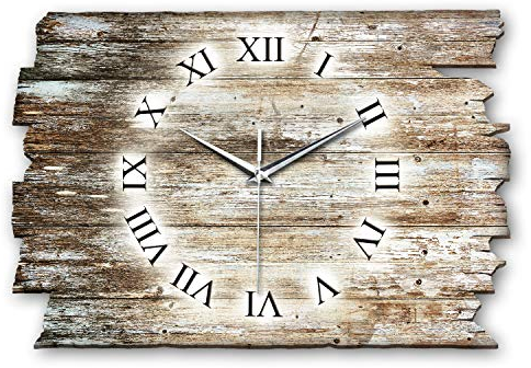 Kreative Feder Designer Wanduhr Holz-Design aus Holz Größe 40x27cm - Wanduhr im Landhaus-Stil Shabby-Style Made in Germany leise ohne Ticken (Holz-Design, leises Quarzuhrwerk)
