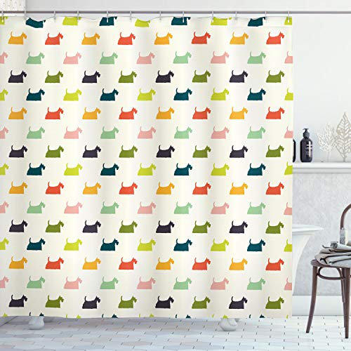 ABAKUHAUS Scottie Dog Duschvorhang, Fluffy Hunde, Stoffliches Gewebe Badezimmerdekorationsset mit Haken, 175 x 240 cm, Weiss Mehrfarbig