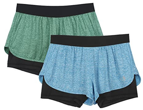 icyzone Damen Laufshorts 2 in 1 Sport Yoga Training Shorts Kurze Sporthose Laufhose, 2er Pack (Blue Heather/Deep Green, M)
