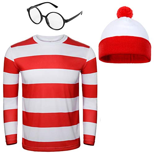 NUWIND Herren Rot-weiß gestreiftes T-Shirt Kit mit Brille & Bommelmütze Walter Kostüm Halloween Cosplay Party Outfit für Erwachsene (XS)