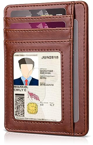Teskyer Kartenetui, Card Holder Wallet, Slim Wallet, Karten Portemonnaie, 7 Fächer, mit ID-Fenster, RFID-Schutz, PU Leder, Braun
