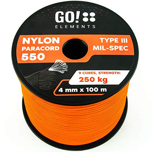 GO!elements 100m Paracord Seil aus reißfester Nylonschnur - 4mm Paracord 550 Typ III Schnur - geeignet als Allzweckseil & Reepschnur - Max. 250kg, Farbe: Orange