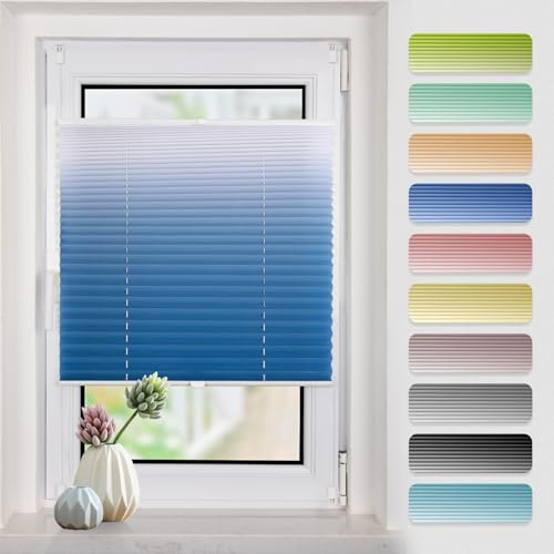 Buseu Plissee Klemmfix ohne Bohren 80x130cm Blau-Weiß Faltrollo | Sonnenschutz für Fenster & Tür, Fensterrollo, Blickdicht, Sichtschutz für Wohnzimmer, Modernes Rollo - einfache Montage