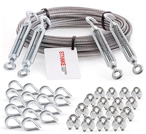 Seilwerk Câble d’acier inoxydable V4A, 30m, diamètre 3mm 7x7, 4x Tendeur M5 Œil-Crochet en acier galvanisé, 16x Cosse-Cœur V4A, 16x Serre-Câble à étrier V4A - SET 6