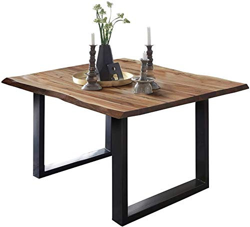 SAM Esszimmertisch 90x90 cm ULM, Baumkantentisch naturfarben, Akazienholz massiv, U-Gestell aus Metall schwarz