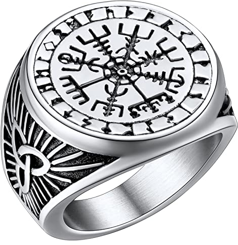 FaithHeart Edelstahl Statement Vikings Kompass Ring in Umfang 64.6mm Wikinger Kompass Amulett Siegelring mit Vegvisir Partnerring Freundschaftsring für Paar Pärchen