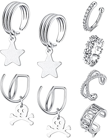 D.Bella 8 Stk Ohrklemme mit Anhänger Ear Cuff Ohr Manschette Fake Ohrpiercings Ohr Helix Ohrclips Nicht Piercing Clip Silber Ohrstulpe Ohrringe