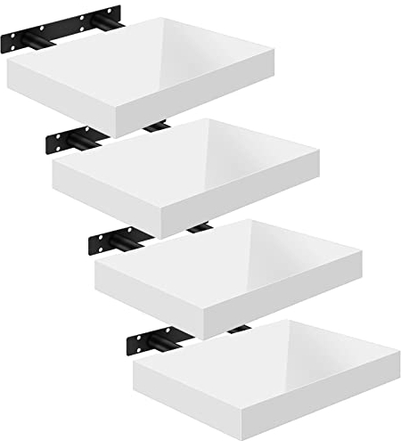WOLTU Wandregal Hochglanz Weiß 4er Set Schweberegal, 25x22.9x3.8 cm, Regal freischwebend, Galeriedisplay, Wanddeko für Wohnzimmer Schlafzimmer Küche, MDF, verdeckte Aufhängung