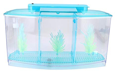 Maquer Acquario piccolo, regolabile, tre aree, in acrilico, per piccoli pesci, con luce LED, valvola per cambio acqua Betta, blu