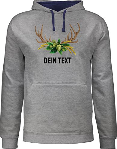 Pullover Herren Frauen Hoodie Kontrast zweifarbig - Kompatibel Oktoberfest - Hopfen Weizen Hirschgeweih und Dein Text - 5XL - Grau meliert/Navy Blau - trachten hoodies bayrisch hoodie- bayrisches