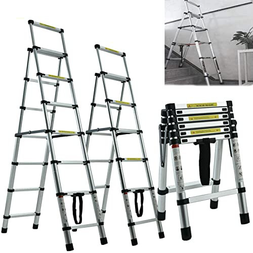 Telescopic Ladder, Portable 5+6 Step Aluminium Extension Ladder, A-Frame Multi-Purpose Anti-Slip Extendable Loft Ladder Folding Ladder Lightweight Collapsible Ladder, Max Load 150kg, EN131 (1.7m+2m)