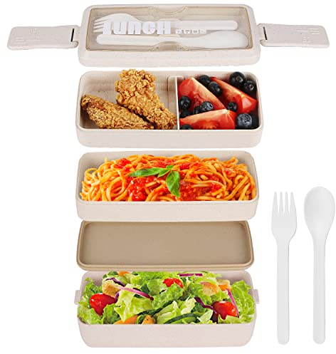 Macco Bento Lunch Boxes for Adults Kids, 3 Layer Bento Box, Lunch Box with compartments Meal Prep Container, 1000ml Food Storage Box for Men Women Student School Office (Beige)