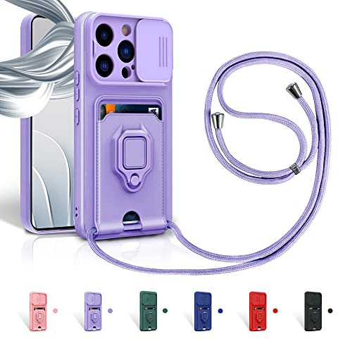 Aithne Case für iPhone 13 Pro Max Handykette Hüll,Slide kameraschutz,Silikon Handyhülle zum Umhängen Kette,360 Grad Ringhalter Stand Kartenfach-Lila