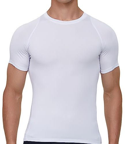 Smatstyle Compression Shirt Short Sleeve Men's Sports T-Shirt Compression Training Shirt Elastic Short Sleeve Quick-Drying Functional Shirt Breathable Running Shirt, White, S