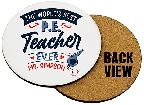 P.E. Teacher Gift, Personalised The Worlds Best P.E. Teacher Gift, Tableware, Coffee, Tea, Drink Coaster. (Round Shaped Coaster)