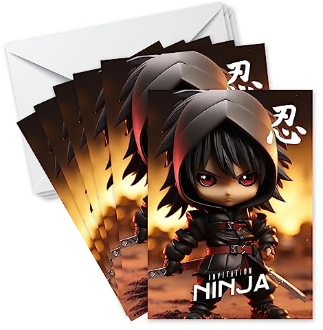 SoKawaï - Lot de 8 invitations anniversaire en Français + 8 enveloppes | Thème Ninja | Style Manga | Fête pour les enfants