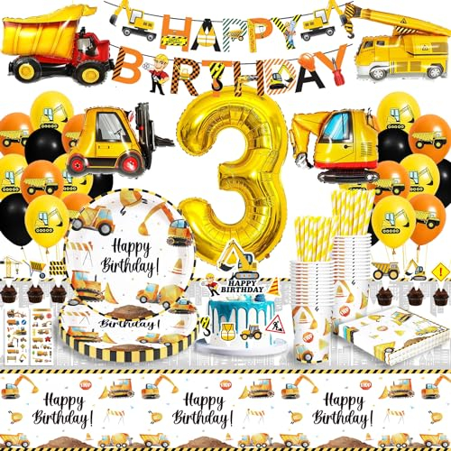 Bagger Partygeschirr Kindergeburtstag 3, Bagger Geburtstag Deko 3 Jahre, Bagger Deko Kindergeburtstag 3, Geburtstag Deko 3 Jahre Junge Bagger Luftballons Pappteller Tischdecke für Junge 16 Gäste