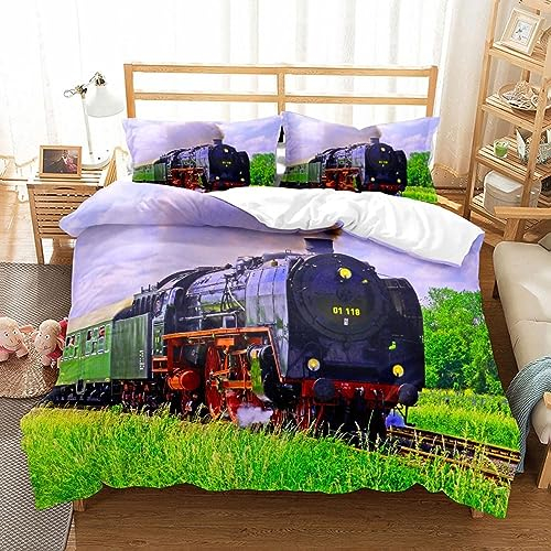 OAXACO Bettwäsche 135x200 Dampfzug 3D Bettwäsche-Sets Eisenbahn Weiche Atmungsaktiv Mikrofaser Bettbezug und 2 Kissenbezug 80x80 mit Reißverschluss
