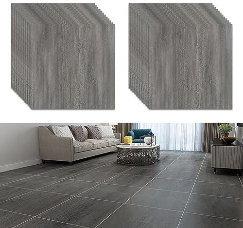 PVC Bodenbelag Selbstklebende, 24 Stück 30x30cm Vinylboden Bodenfliesen, Rutschfeste Wasserdicht Vinyl-Fußböden, Laminat Fliesen Selbstklebend für Wohnzimmer, Küche, Schlafzimmer(Grau Holzmaserung)