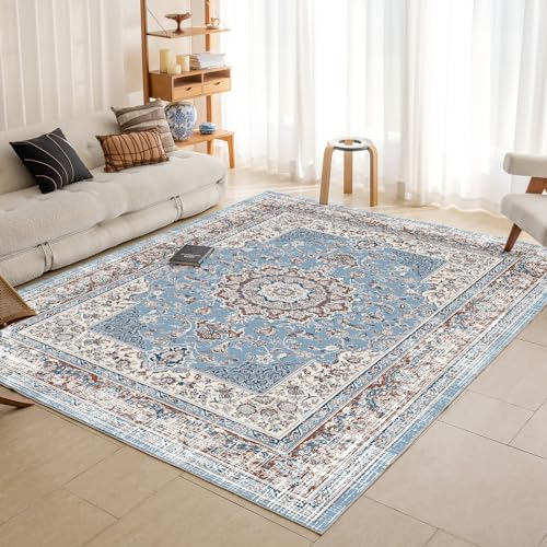 OMERAI Teppich Wohnzimmer Waschbarer Teppich Kurzflor Esszimmer rutschfest blau Teppiche für Schlafzimmer Boho Teppiche 80X150CM