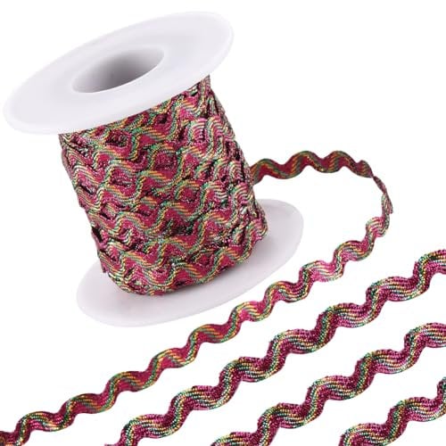 GORGECRAFT 15m X 5mm RIC Rac Trim Wave Bending Fransenbesatz Glitzerndes Geflochtenes Band Mit Grüngoldenem Metalldraht Gewellter Rand Spitze Gewebtes Gurtband Fransen Für Heimwerker Fuchsie