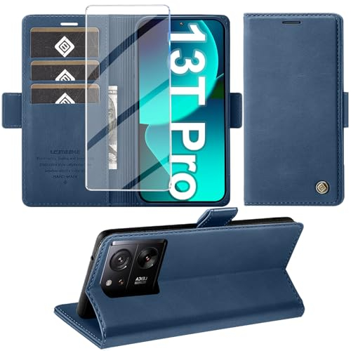 Giyer Handyhülle für Xiaomi 13T/13T Pro Hülle mit Schutzfolie, Schutzhülle 13T Pro 5G PU Leder Wallet Flip Case Ständer Kartenfach Klapphülle für Xiaomi 13T Pro/13T Tache Full Cover (Blau)