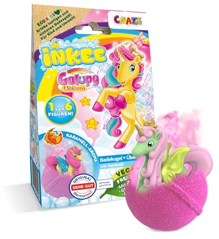 INKEE Galupy Unicorn | Badebombe Kinder mit Überraschung, Badekugel 100g mit GALUPY Einhornfiguren, Karamellduft & Jojobaöl